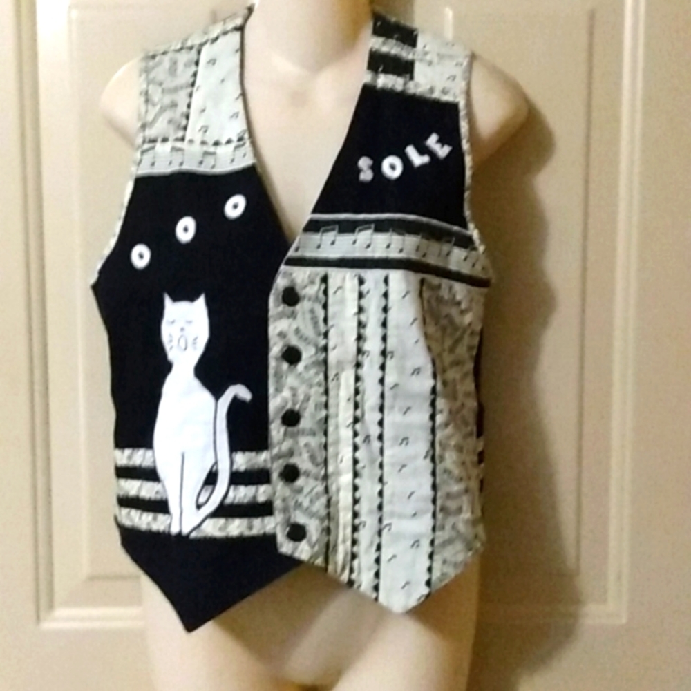 Vtg reversible music cat vest black white